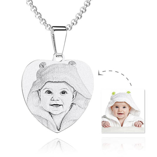 Heart Photo Engraved Tag Necklace With Engraving Stainless Steel