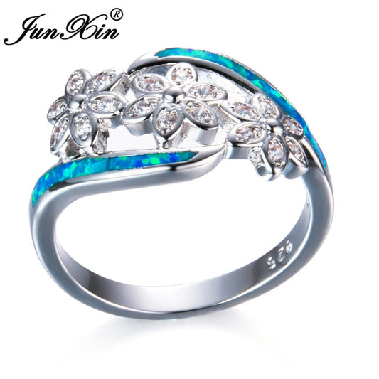 New Fashion 925 Sterling Silver Filled Blue Fire Opal Ring White AAA Zircon Three Flower Rings For Women Best Gift