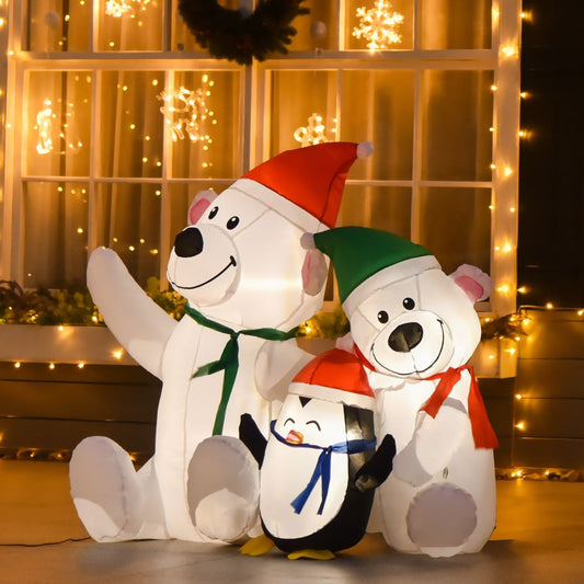 1.1m Christmas Inflatable Decoration with Two Bears and Penguin Light Up Outdoor Blow Up Decorations Xmas Decor for Holiday Party Garden
