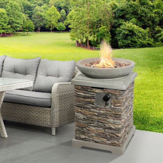 Outdoor Garden Stone Propane Gas Fire Pit with Lava Rocks & Cover